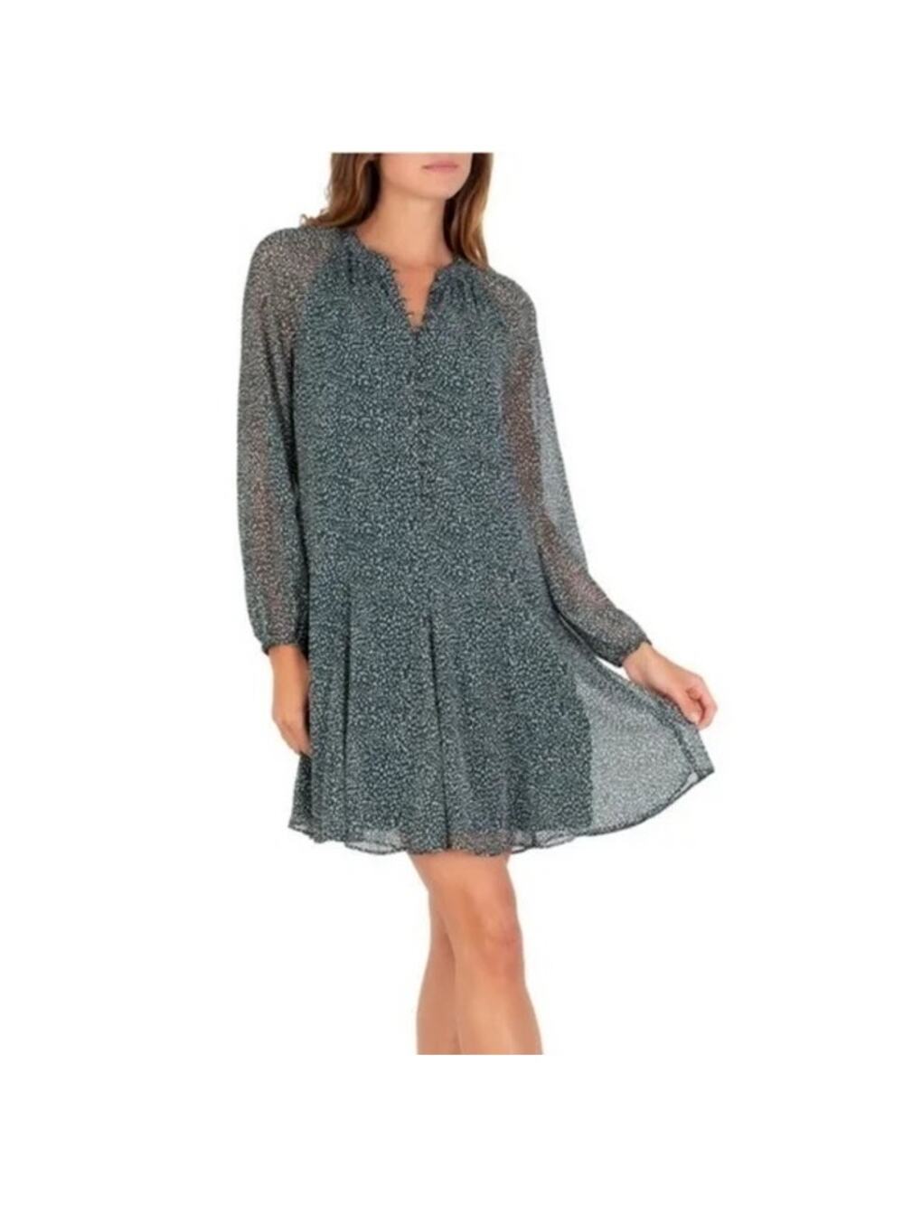 Joie NWT Arctic Animal Spot Hunter Green Long Balloon Sleeve Chiffon Mini Dress